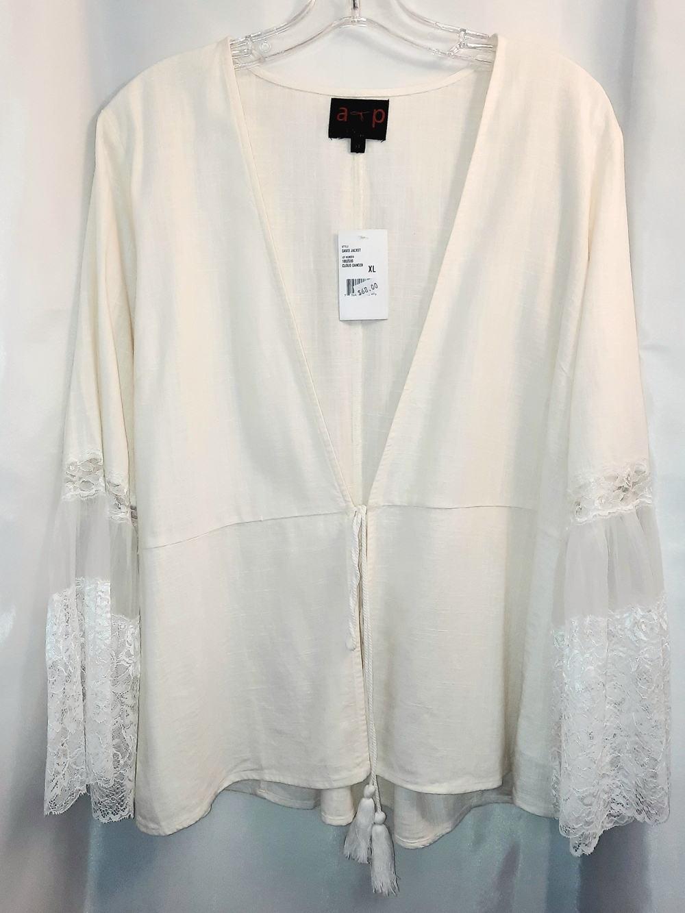A&P Denim Ivory White Lace-Trim Waist-Tie Bodice Blouse Womens XL